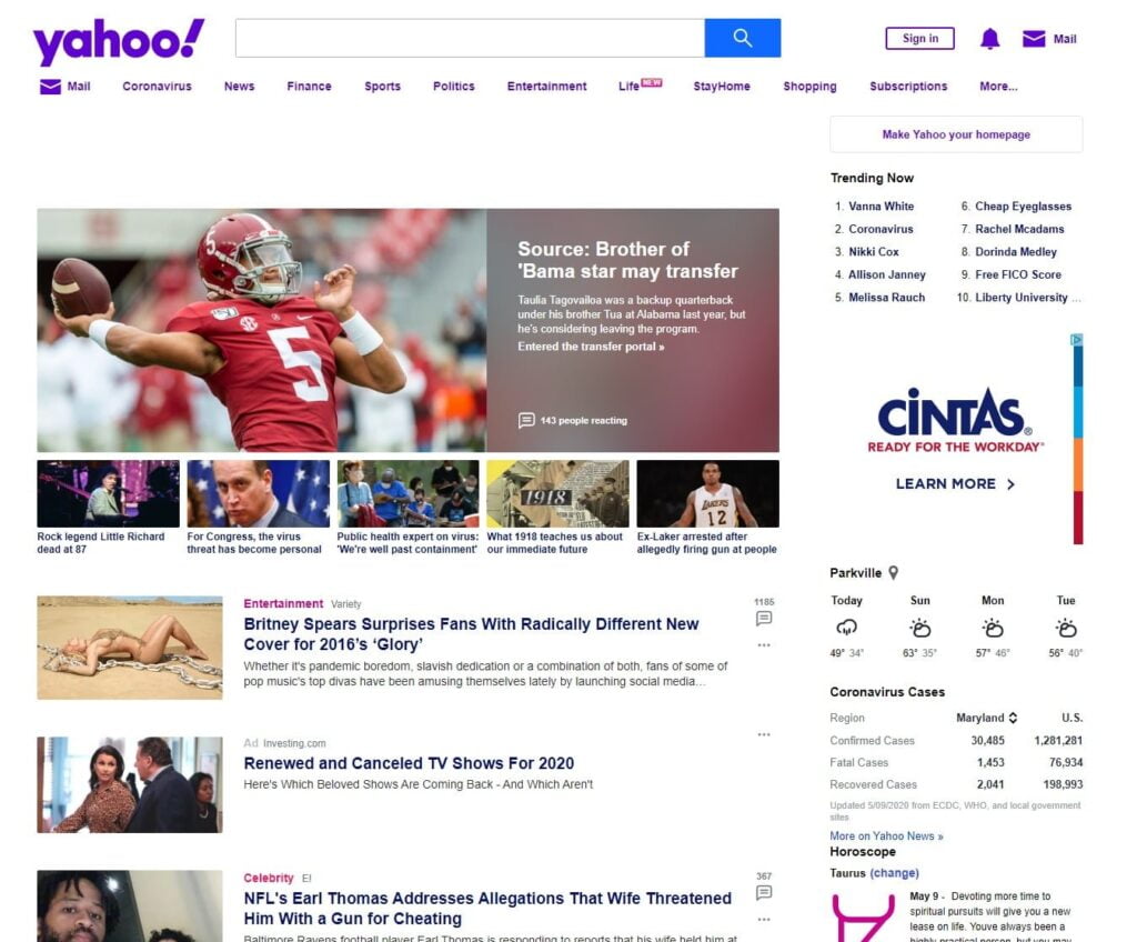 Yahoo Home page