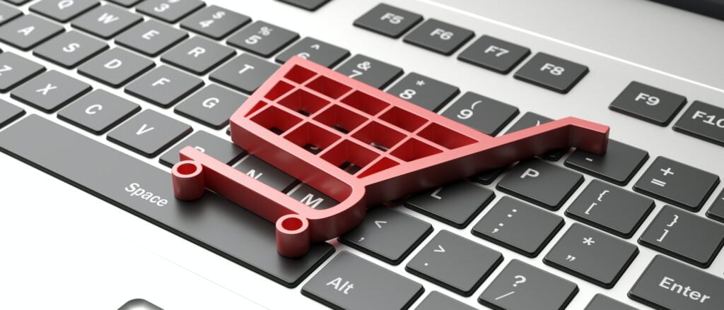 e-commerce symbol on a computer keyboard, black friday concept. 3d illustration