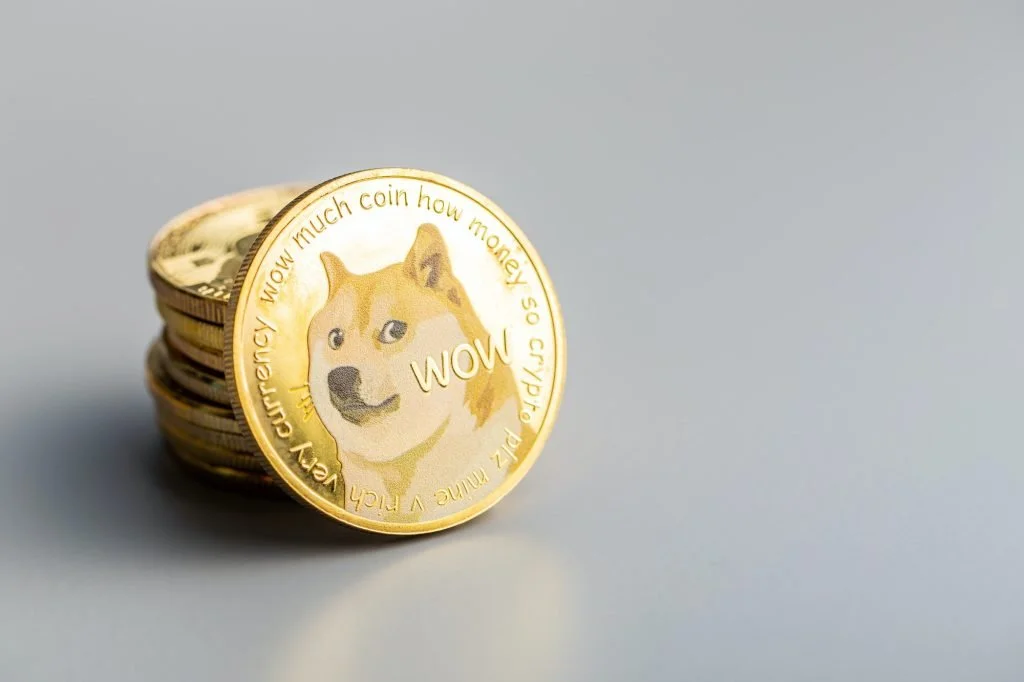Golden dogecoin coin. Cryptocurrency dogecoin. Doge cryptocurrency.