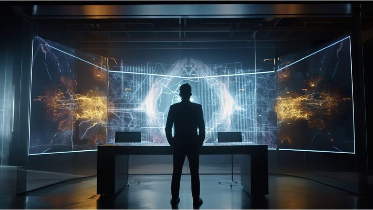 Person at futuristic digital display in dark room.